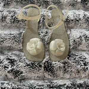 Jeffrey Campbell Silver Glitter Sandals with Floral Accent
